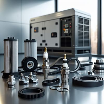 Generator filters, spark plugs, belts and gaskets in front of a generator
